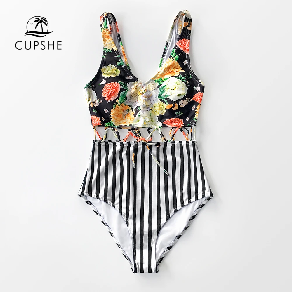 

CUPSHE Floral and Stripe Waist Cutouts One-Piece Swimsuit Women Sexy Padded Cups Monokini 2020 Beach Bathing Suit Swimwear