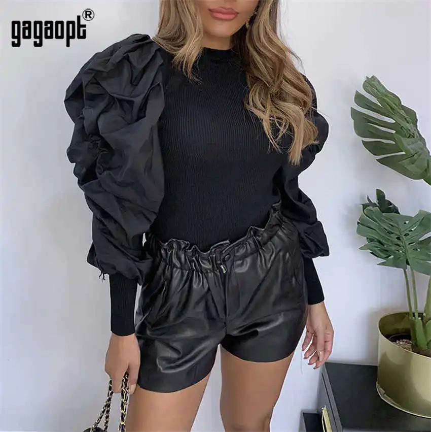 Gagaopt зимний фонарь с длинным рукавом сетчатые Топы женские топы с круглым вырезом черные футболки элегантные офисные Топы Blusas - Цвет: Черный