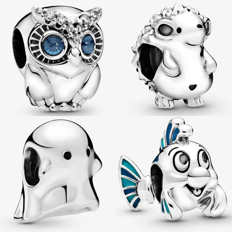 

2019 New Real 925 Silver Nino the Hedgehog Sparkling Owl Charm Fit pandora Bracelet Little Mermaid Flounder Charm DIY Jewelry