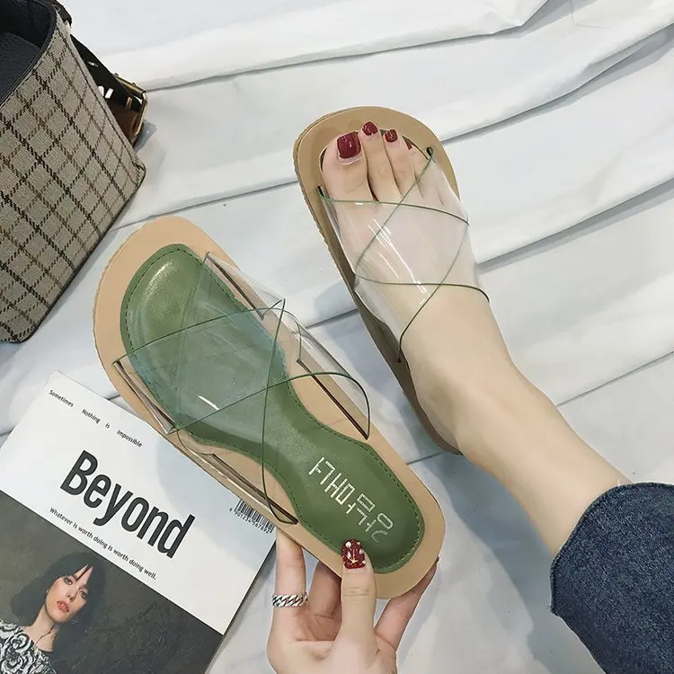 

2019 Summer New Style Slippers INS Style Fashion Transparent Hong Kong Flavor Retro CHIC Flat Online Celebrity Slipper Women's O