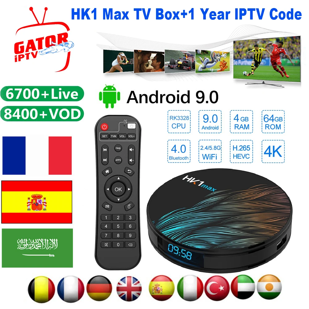 4K HD медиаплеер HK1 max Android 9,0 IP tv Box 2,4G& 5G Wifi телеприставка с 1 год 6700+ каналы онлайн IP tv кодовая коробка