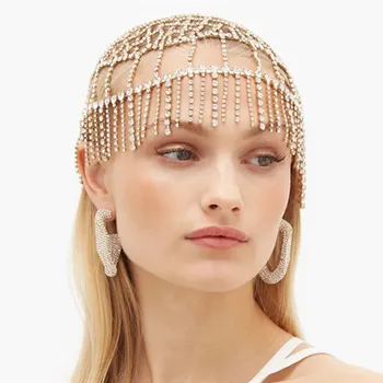

Luxury Rhinestone Tassel Chain Headband Flapper Cap Wedding Jewelry for Women Bling Crystal Bridal Headpiece Hat Accessories