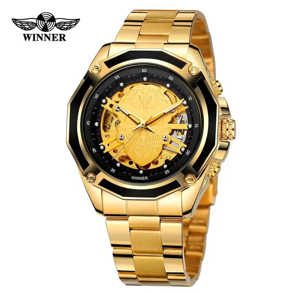 

Winner Brand Steampunk Fashion Hip Hop Design Golden Stainless Steel Gear Movement Men Skeleton Wristwatch Relogio Masculino