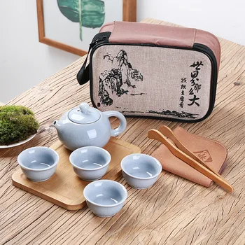 

Portable Travel Glazed Porcelain Chinese Tea Pot Set 1 Teapot 4 Cups Gongfu Tea Set Ice Crack Ceramic Tea Sets With Tray