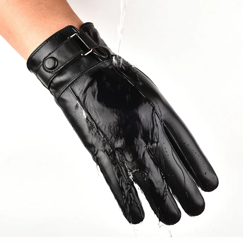 Men's Winter Warm Fashion Waterproof Gloves Men Faux Leather Driving Gloves Thin Leather for Touch Screen Brown Guantes