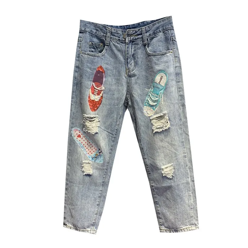 light blue Модные новые шикарные брюки-клеш с вышивкой Женские джинсовые брюки с высокой талией рваные прямые тонкие женские брюки длиной до икры - Цвет: light blue