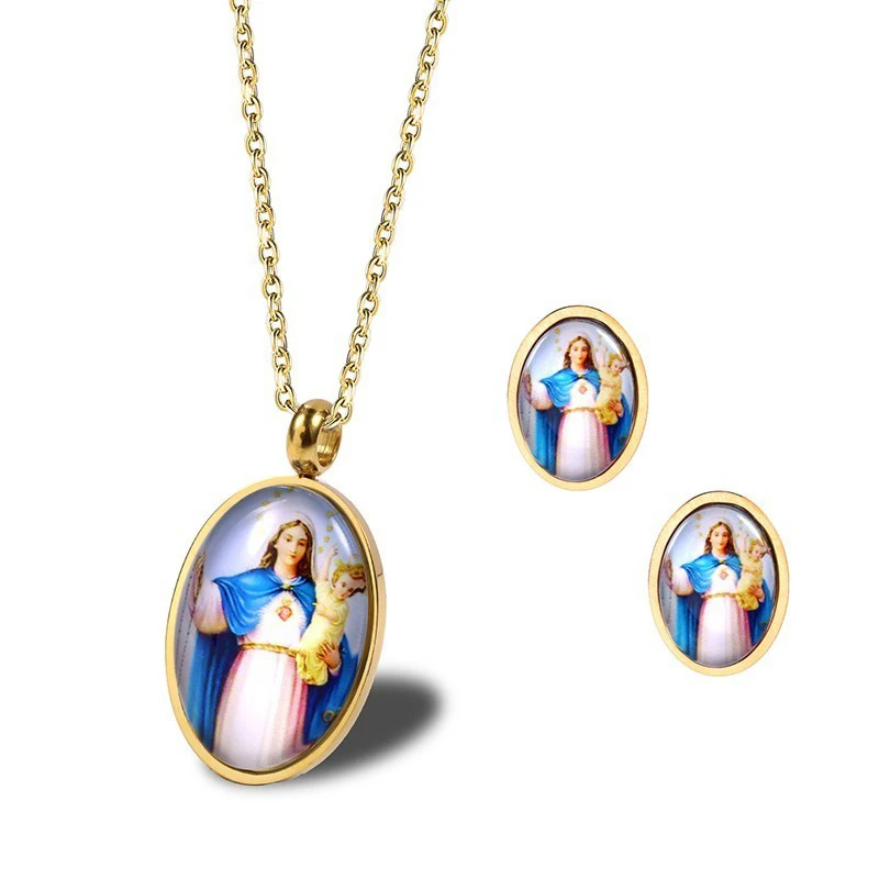 RIR collares de cristal de la Virgen María para mujer, conjunto de joyas, 2 religiosos con pendientes|Conjuntos de - AliExpress