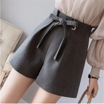 

2019 Korean Fashion Lace-Up High Waist Shorts Womens Black/Gray Elegant Zipper Wide Leg Shorts Spring New Arrival