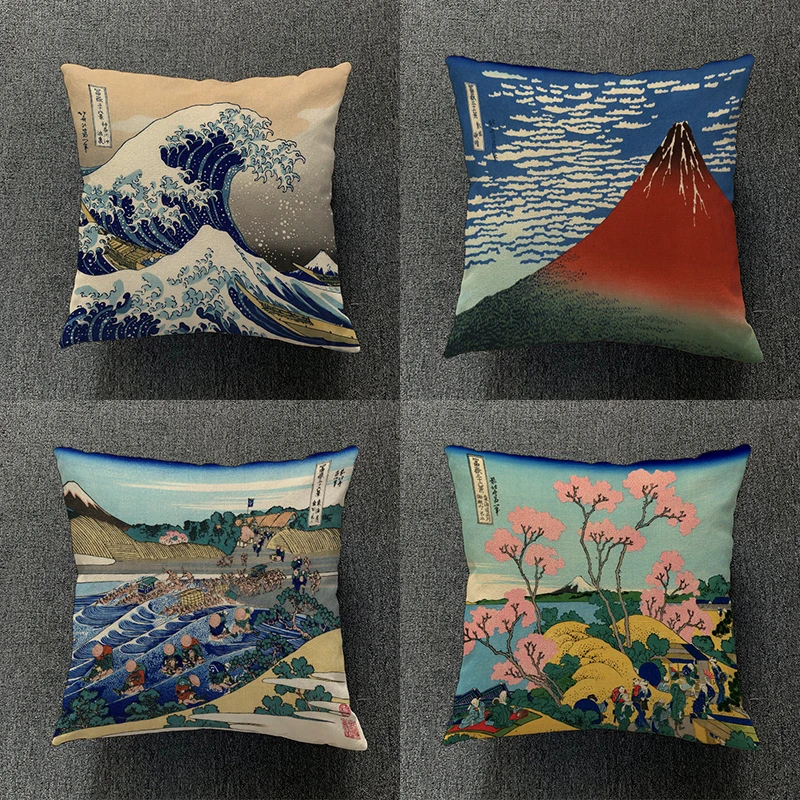 Japanese Style Sofa Cushion Cover Kanagawa Surfing Double-sided Pattern Linen Cotton Pillow Case Sofa Decoration Car Adornment