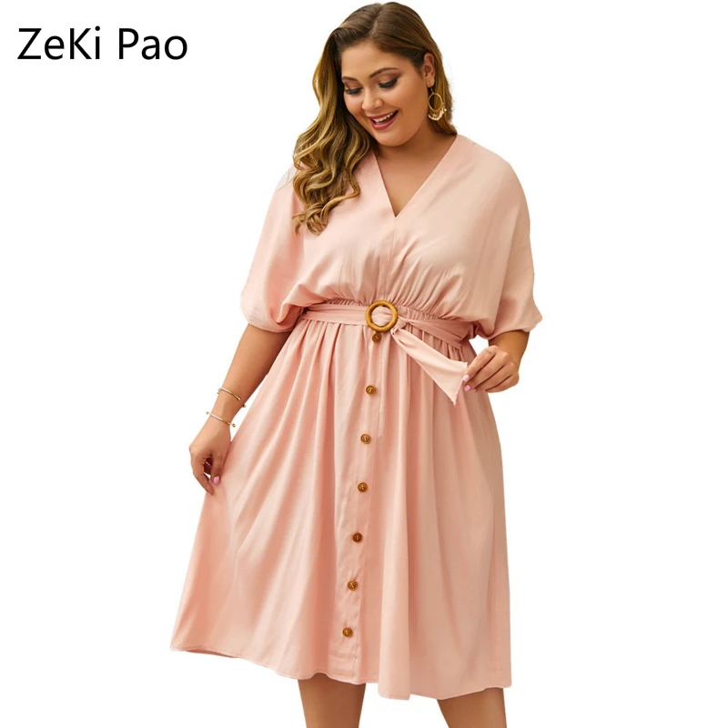 

Spring and Summer Large Size Women's V-neck New Solid Color Mid-sleeved Dress with Solid Single-breasted Mid-length Dress 4XL