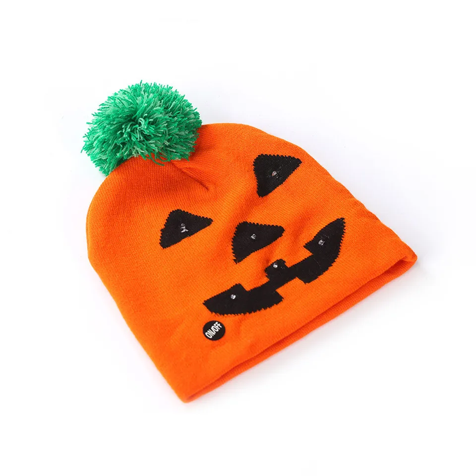 Новые Вечерние светодиодный вязаные шапочки на Хэллоуин, шапка с рисунком тыквы, черепа, Бу, для детей и взрослых, зимние Забавные милые теплые шапки - Цвет: Pumpkin head