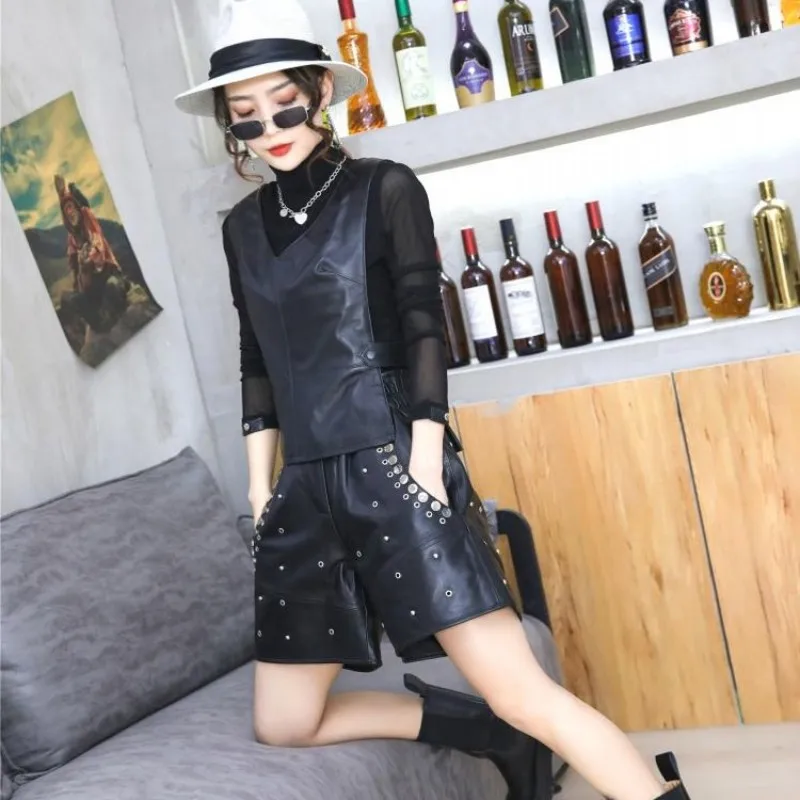 Women Casual Sleeveless Natural Sheepskin Vest Tops Ladies Slim Fit Pullover Side Hollow Out V Neck Genuine Leather Waistcoat