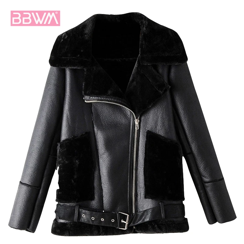 Very best 2019 Winter Lining with Velvet Zipper Korean Pilot Female Coat Black Warm Pu Faux Fur Lapel Long Sl