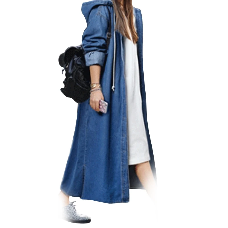 

Women Fashion Loose Long Sleeve Hooded Denim Jacket Coat Ladies Casual Buttons Long Jean Coat Cardigan Outwear Tops Dark Blue XL