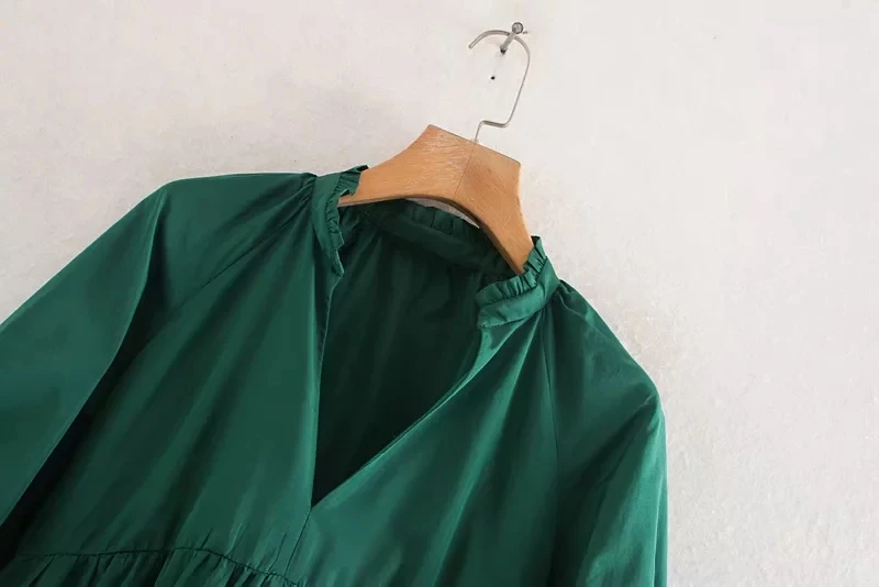 Женское элегантное одноцветное платье za с v-образным вырезом и рукавом-фонариком, офисная одежда, женские повседневные Зеленые Мини платья, стильные платья mujer