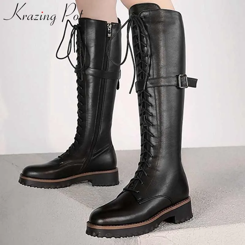 

krazing pot big size handsome cow leather buckle knight boots round toe lace up side zipper keep warm women thigh high boots L13