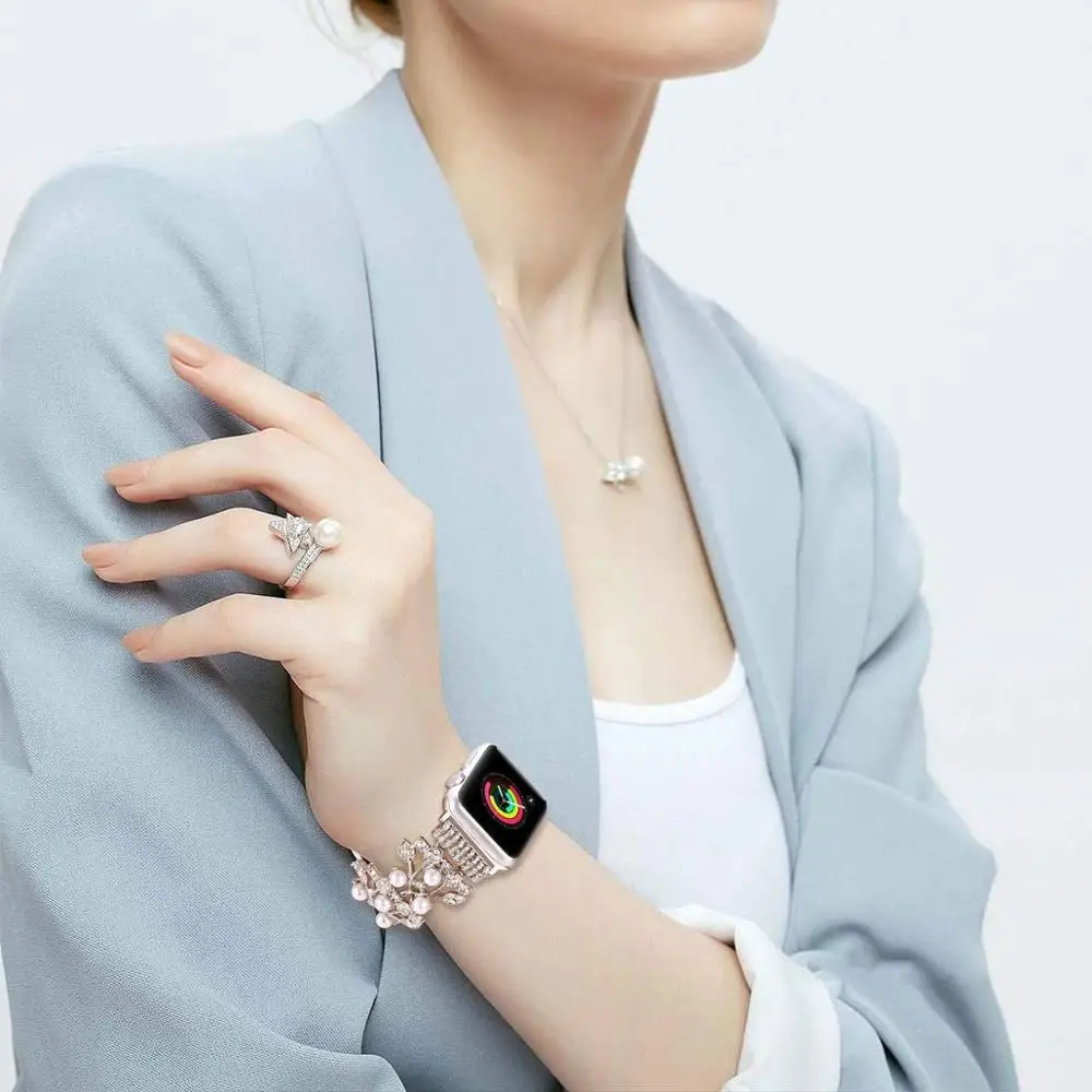 Ремешок для часов apple watch band 44 мм 42 40 38 эластичный браслет с жемчужинами и бусинами