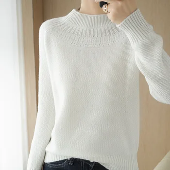 

Sparsil Woman Winter 100%Cashmere Pullovers Female Knitted Mock Neck Hollow Slim-Fit Tops Elegant Long Sleeve Loose Soft Sweater