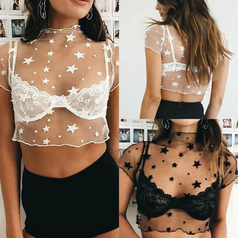 US Women's See Through Star Mesh Crop Tank Top Short Sleeve Sheer Cropped Tops | Спорт и развлечения