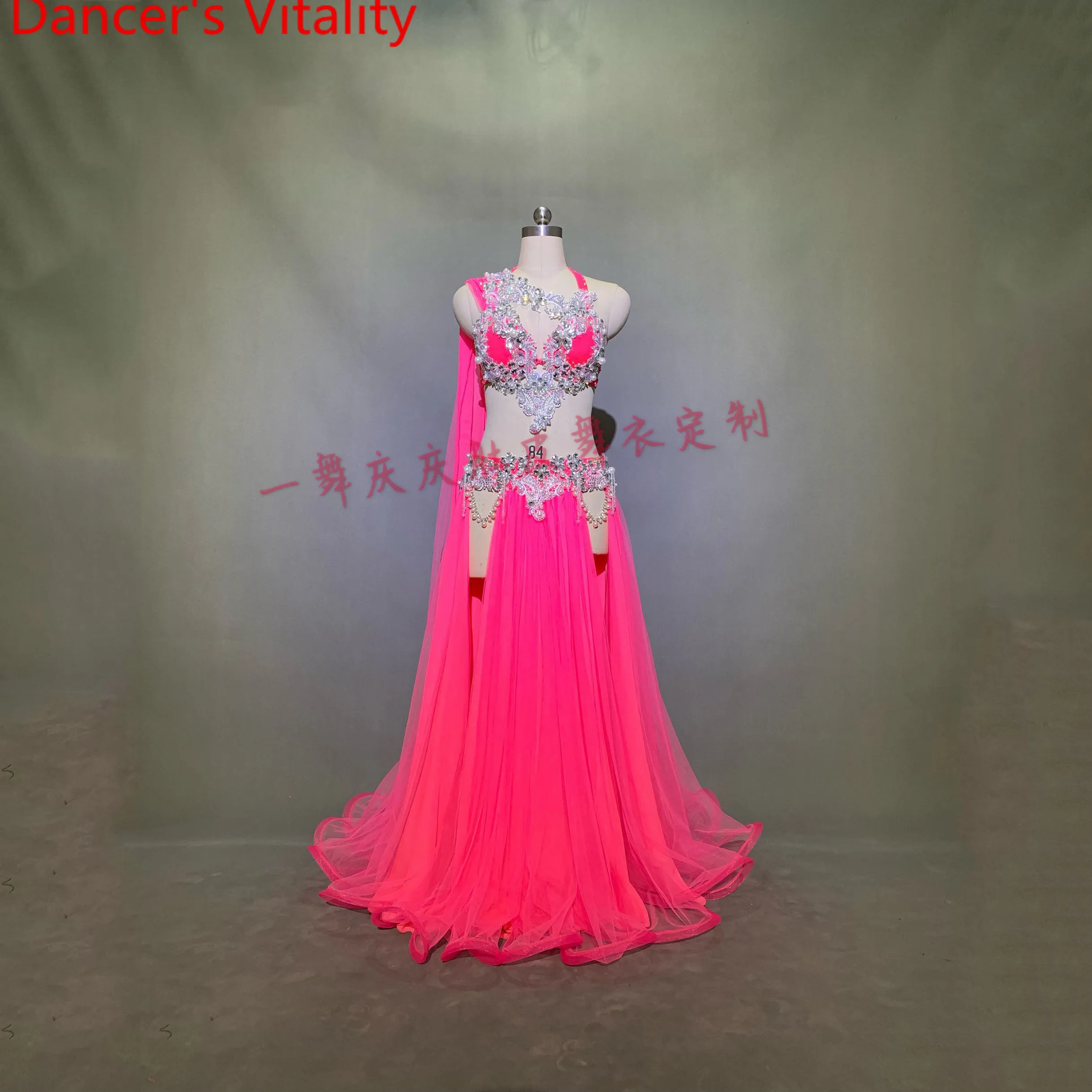 

Customized Belly Dance Ribbon Bra Sexy Split Skirt Mesh Set Women Oriental Indian Drum Dance Group Competition Costume Stage Wea