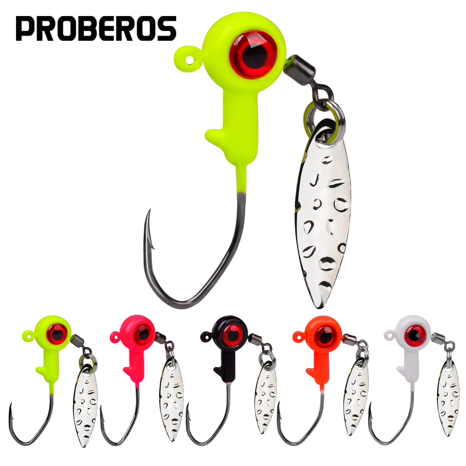 PROBEROS 5pcs Jig Head Hooks Spinner 1.4g-1.6g-3g Exposed Barbed Hooks  Spoon Soft Lure Jigging Hooks With 3D Eyes Fishing Tackle