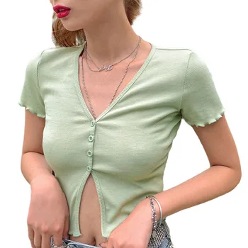 

Hirigin Women Sexy Knit Cardigan Summer Short-Sleeve Buttons V-neck Ruffled Slim Thin Solid Fashion Crop Tops