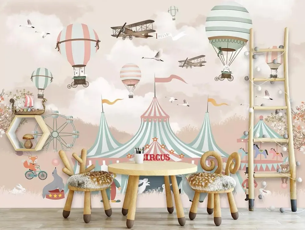 Diantu Mural wallpaper cartoon hot air balloon circus background children room boy girl bedroom background mural 3d wallpaper