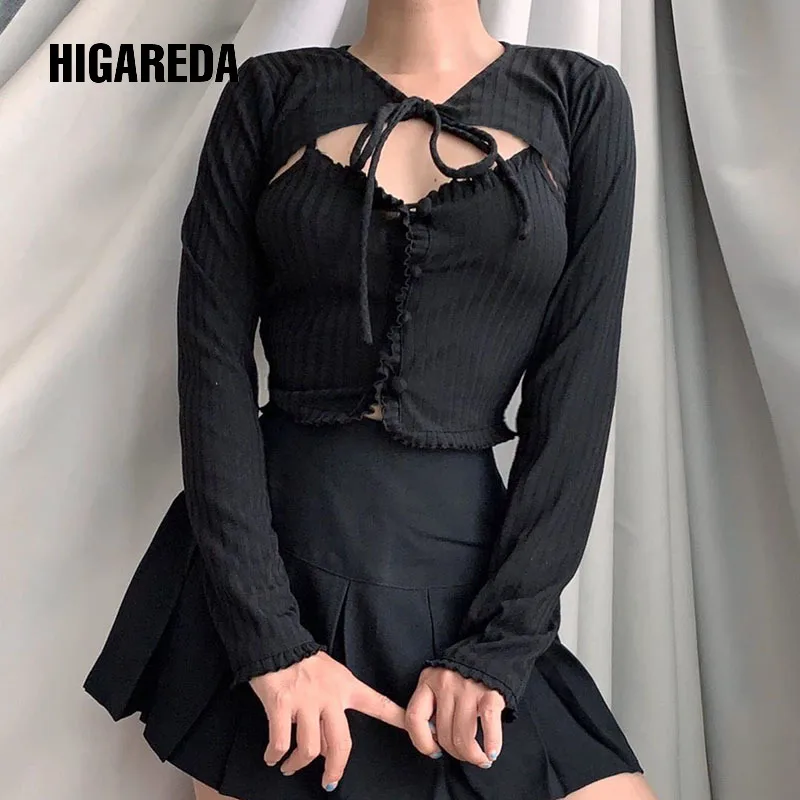 

HIGAREDA 2 Pieces Frill Cami Top and Smocked Crop Top T Shirt Harajuku Punk Long Sleeve Tee Shirt Women Casual Tie Up T-shirts