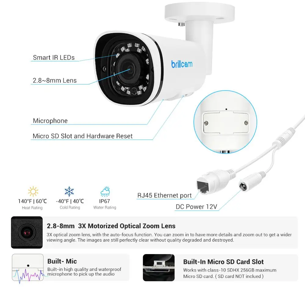 Brillcam 4K UHD IR Bullet IP камера с 2 8 мм 3X моторизованный оптический зум объектив PoE