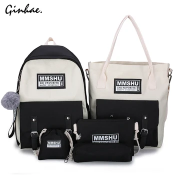 

5 Pcs/Set Canvas Patchwork Backpack Women Fashion Letter Shoulder bags Students Daily School Bags For Teenage Girls Knapsack