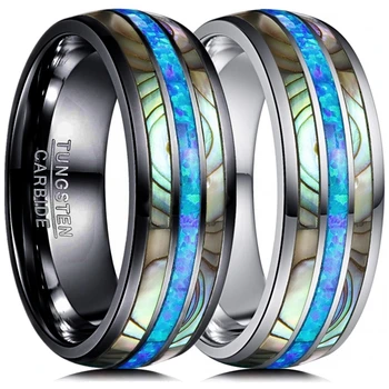

8mm Fashion Tungsten Carbide Ring Accessories Inlaid Blue Opal Abalone Shell Unisex Wedding Ring Anniversary Gift