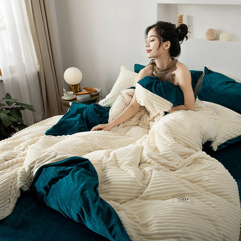 

White Magic Fleece bedding set flannel velvet stripe duvet cover contrast flat sheet pillowcase winter warm AB bed linen Mordern