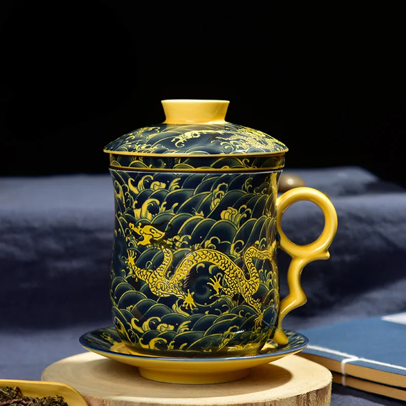 350 мл керамическая чайная чашка с крышкой фильтр офисное собрание владельца синий и белый фарфор Дракон узор Ретро китайский стиль чашка для воды