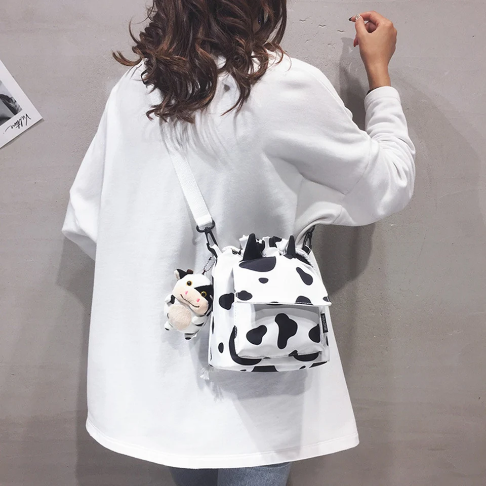 

Mini Cow Print Nylon Shoulder Bag New Cute Design Drawing String Bucket Messenger Crossbody Bags For Girls Student Phone Purse