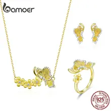 Bamoer, Летающая бабочка с цветком, 4 шт., ожерелье, серьги-гвоздики и кольцо, ювелирные наборы, 925 пробы, серебро, свадебные ювелирные изделия ZHS155