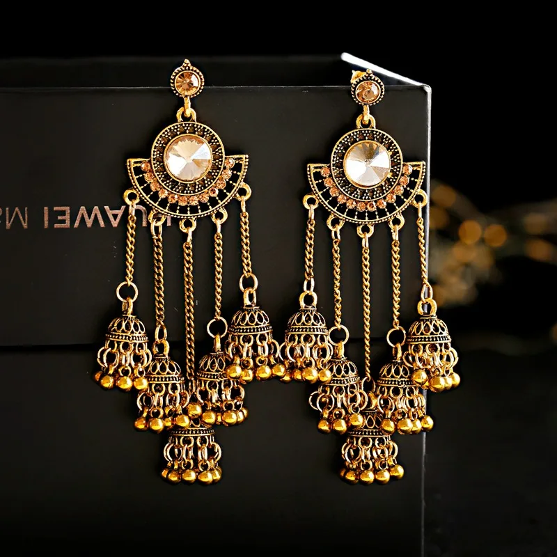 OIQUEI женские индийские Jhumka серьги золотые серебряные Большие колокольчики висячие серьги с длинной кисточкой для женщин богемные цыганские ювелирные изделия