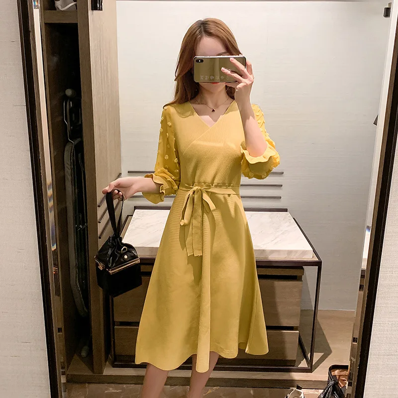 

2019 Autumn And Winter New Style V-neck Lantern Chiffon Sleeves Spell Knitted Sweater Nursing Clothes Pregnant Women Nursing