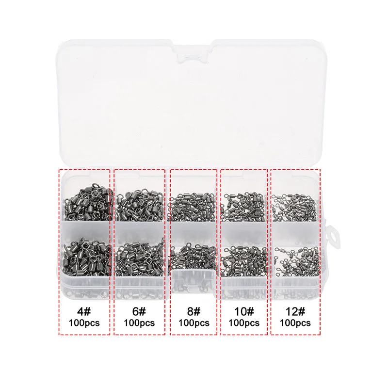 

500pcs/ Box Stainless Steel Fishing Swivel Snap Ball Bearing Lock Rolling Swivel Connector hooked Snaps Pin Fishhook Tackle Kit