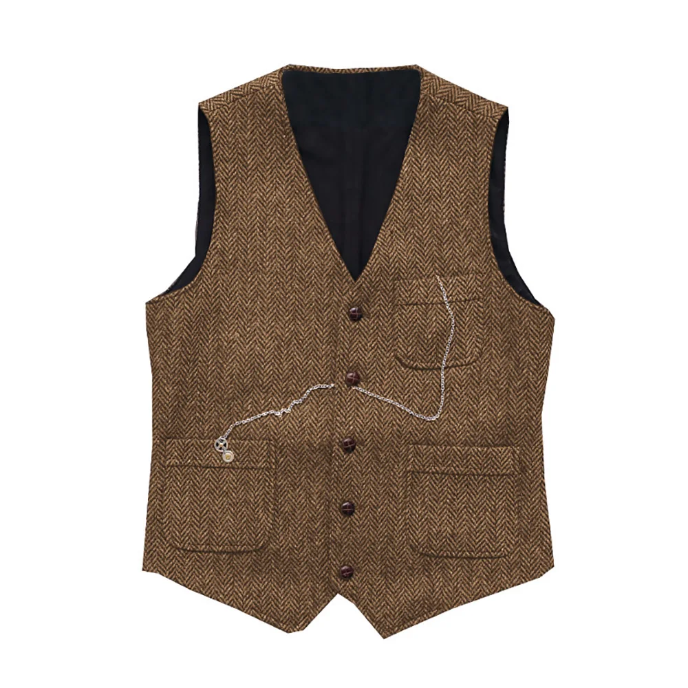 Men's Suit Formal V Neck Wool Green Herringbone Tweed Casual Waistcoat Formal Business Vest Groomman For Wedding 2