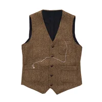 Men's Suit Formal V Neck Wool Green Herringbone Tweed Casual Waistcoat Formal Business Vest Groomman For Wedding 2