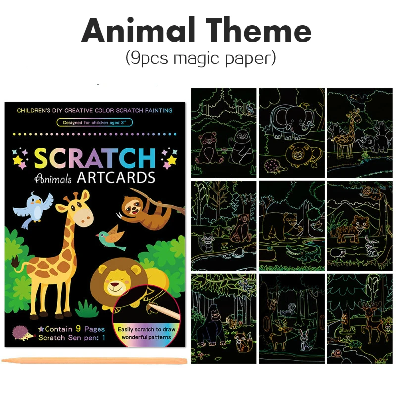 9Pcs/Set Magic Rainbow Color Scratch Art Painting Paper Card Kit Cartoon Dinosaur Unicorn Drawing Board Kids DIY Educational Toy 11