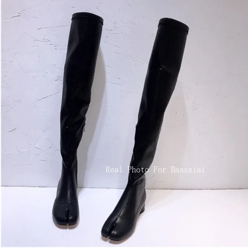 Black Leather Over The Knee Boots Women Split Toe Side Zipper High Heel Boots Woman Sexy Knight Boots
