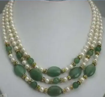 

Natural 3 rows 7-8mm cultured Freshwater white pearl and Emerald necklace 17-19"