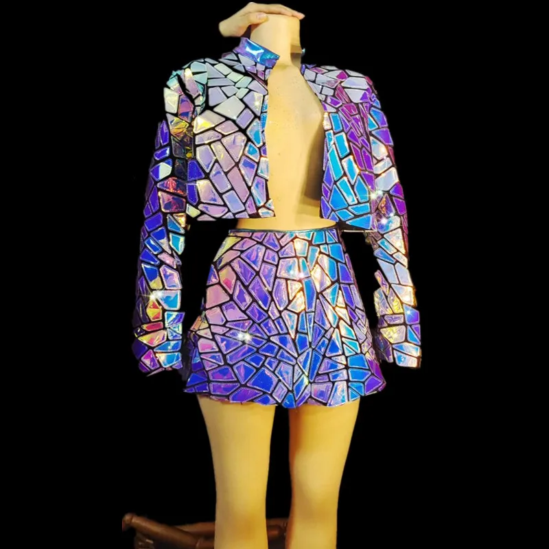 

Purple Blue Laser Sequin Jacket Skirt Outfits Women Singer Dancer Stage Wear Birthday Prom Party Performance Nightclub Costume