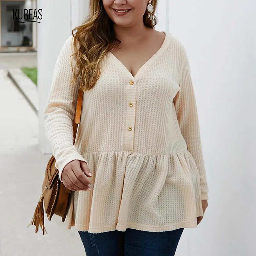 

Kureas Women Knitted Sweater Plus Size Casual Baggy Pleated Cardigan Single Breasted Ruffle Hem Long Tops Winter Autumn 4XL