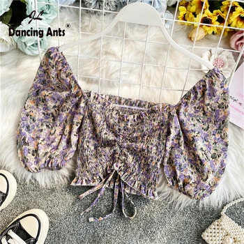 

Woman Short Blouses Vintage Floral-Printed Crop Tops Kpop Short Puff Sleeve Square Collar Female Sexy Slim Blouses 2020 Summer