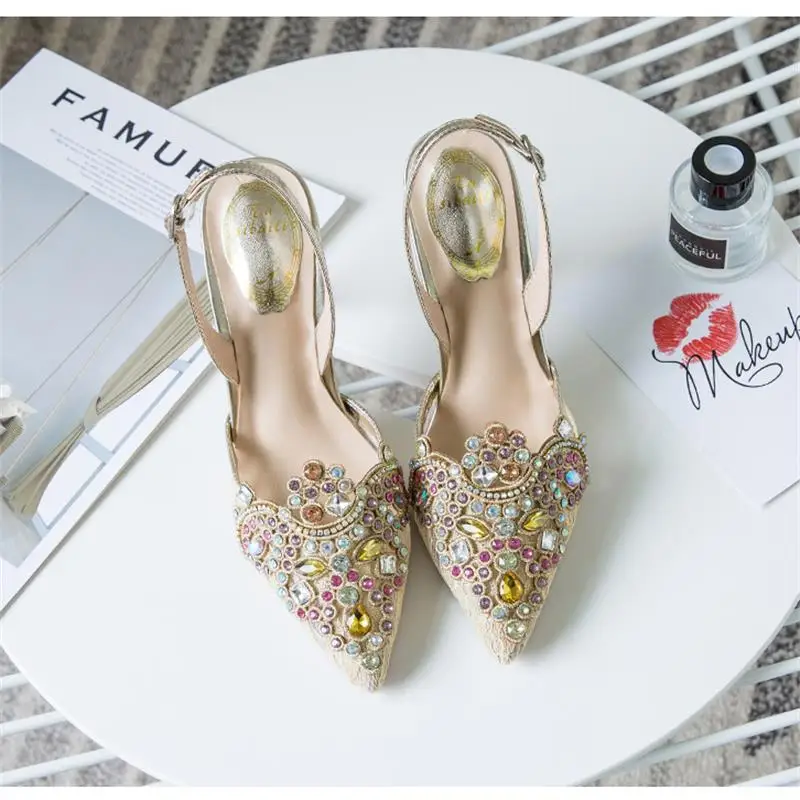 Zapatillas mujer Летняя женская обувь Острый носок слинбэки с украшением в виде кристаллов со стразами Дамская обувь на высоком каблуке; Tacones Mujer - Цвет: 8cm