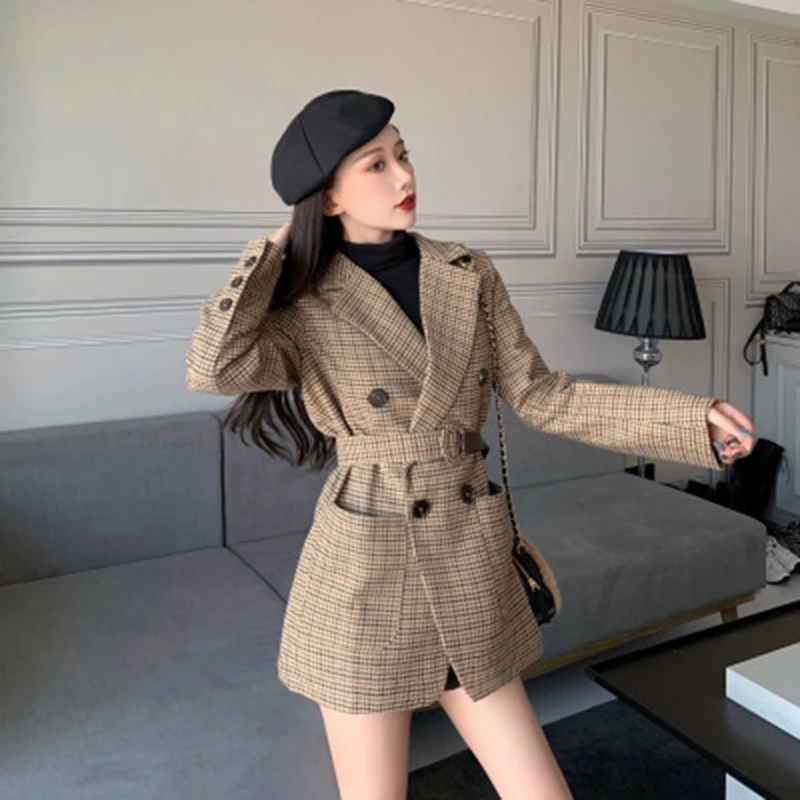 2020 Autumn Winter Plaid Blazer Women Long Casual Coat Vintage Double Breasted Houndstooth Tweed Wool Ladies Suit Jacket Female
