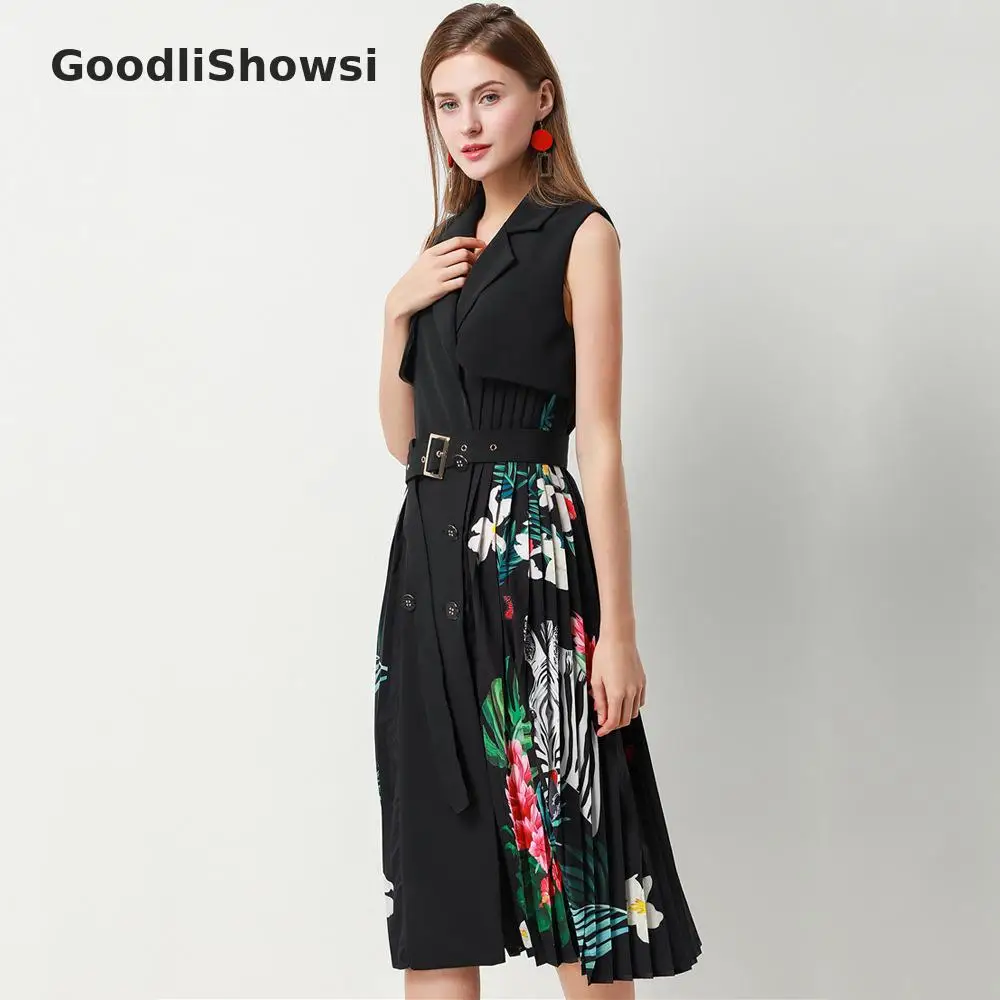 GoodliShowsi, модное, шикарное женское платье-Блейзер, с принтом, пэчворк, с отворотом, без рукавов, с поясом, плиссе в гармошку, платье