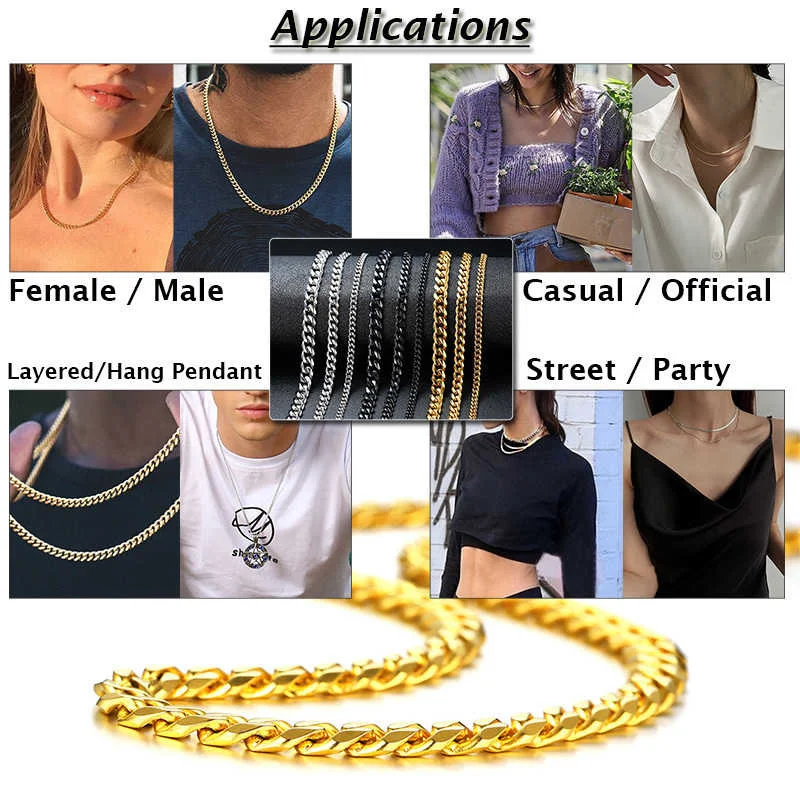 Vnox Cuban Chain Necklace for Men Women, Basic Punk Stainless Steel Curb Link Chain Chokers,Vintage Gold Tone Solid Metal Collar